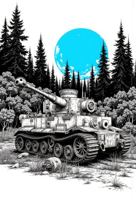 Graphic black and white illustration of a terrestrial forest landscape with a bright blue sunset. 1 German tiger tank with camouflage bushes, 
 <lora:Dieselcore:0.7> d1eselc0re <lora:Glitchcore_Flux:0.4> gl1tchc0re