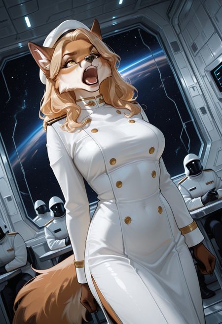 highly detailed, best quality, masterpiece, detailed background, detailed fur, detailed eyes, 1 anthro fox woman, Denebra, blonde hair, tan fur, brown ears, yellow eyes, fluffy tail, older woman, mature, white uniform, high collar, beret, pointing forward, open mouth, shouting orders, surrounded by soldiers, holding blasters, action scene, dynamic pose,
futuristic background, metal walls, command center, space station,
Dutch angle, low angle, 
Variety,