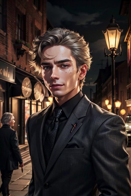 (cowboy shot:1.1), (masterpiece, best quality, high quality, highres, ultra-detailed), lamppost, night, crowd, 
1boy, male focus, short hair, sand blonde hair, grey eyes, looking at viewer, light smile, allblacksuit, 
AS-Adult, Asian-Less, SkinHairDetail, <lora:attire_allblacksuit:1>,