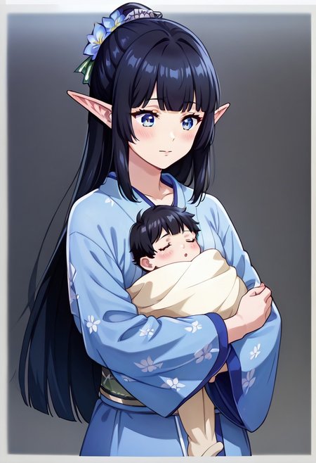 (ultra-detailed, ultra detailed), (master piece, best quality, high resolution), zPDXL, (score 9), (score 8 up), (score 7 up), (score 6 up:0.5), (high quality face), ultra quality face, (super detailed beautiful face), detailed face, beautiful eyes, detailed eyes, extremely detailed, 
source_anime, anime screencap, Anime Screencap, animation, (2D), 
1girl, score_9,score_8_up,score_7_up, blanket over body, 
elf ,pointy ears, blue eyes and long black hair, couplelunia, blue kimono, long black hair mother, wide long sleeves blue kimono, white sock, green obi, himecut, hime cut, blush, black hair wife, blue eyes, close up shot, upper body, blue flower hairpin,
 looking down at baby, sitting down, (baby sleeping), baby carry, holding baby,