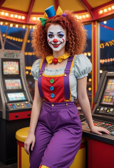 (medium full shot) of (lovely clown) young woman, big curly hair,              wearing a purple  clown vest with big buttons,patchwork overalls,jester shoes, rainbow suspenders, red nose, smiling at the viewer, set in  Ferris Wheel Operator Booth, Cozy space with a control panel for ride operation, a cushioned swivel chair, a small table holding a radio and paperwork, panoramic windows offering views of the park, a bin for storing tickets and tokens, at night, Masterpiece,best quality, photorealistic, amazing quality, very aesthetic, extremely detailed face,