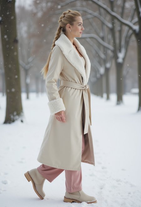 full body shot, beautiful woman, blond braided ponytail, clo023, wearing a closed longline cream coat, shearling collar and cuffs, belted at the waist, pink warm trousers, warm boots, walking in the snow in a park, snowing, side view