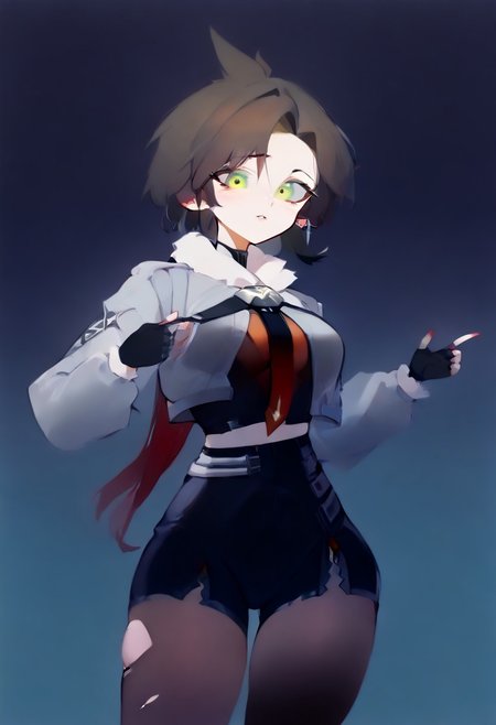 score_9, score_8, score_7_up solo BREAK 
1girl, BREAK medium breasts, seductive look,by yuio, <lora:yuio_style_PONYXL:1>,<lora:Mizah_style:1>,<lora:J.K_Pony_test_v1:1>,
BREAK Tracerkpop  , Tracer (overwatch),looking at viewer,blush,<lora:Lord_Moku:1.3> BREAK janedoeSDXL,1girl,long hair,shirt,black hair,thighhighs,long sleeves,green eyes,jacket,tail,pantyhose,red hair,parted lips,necktie,black gloves,belt,fingerless ear piercing,gloves,open jacket,fingernails,neckerchief,torn clothes,fur trim,black shorts,red necktie,zipper,grey jacket,fur-trimmed jacket,zipper pull tab,torn pantyhose,torn thighhighs,high-waist shorts,torn,