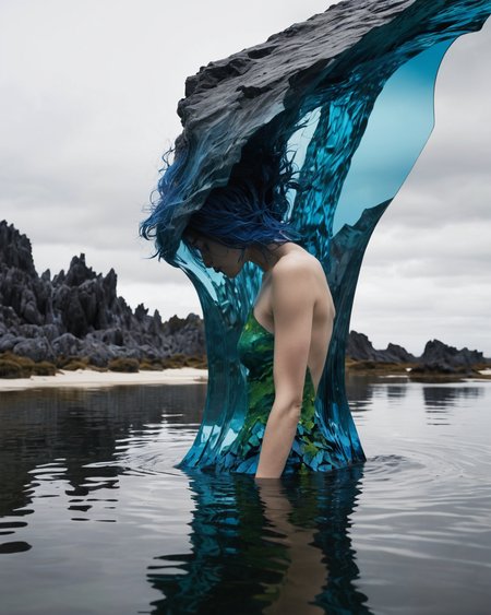 Fang hair tucking, water, reflections, transparency, sculptural, vivid color, The Shattering Isles, Hervé Guibert,  tenebrism, <lora:add-detail-xl:1>, <lora:xl_more_art-full_v1:0.8>