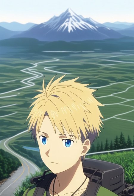 high resolution, solo, best quality, 1Boy, Yamato Ishida, Blond Hair, Blue Eyes, Necklace, landscape, upper body, looking a view, upper body, high mountain, hiking gear, OverallDetail