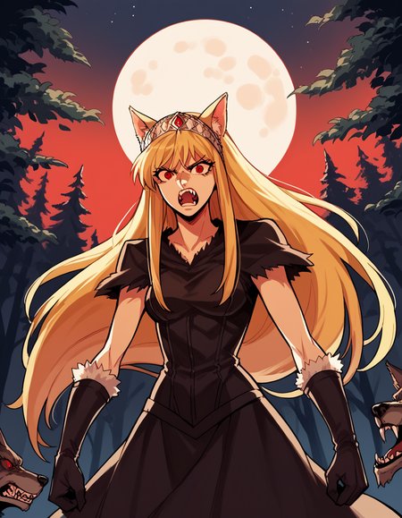 score_9, score_8_up, score_7_up, source_anime, <lora:kaibutsuoujo-liliane-s1-ponyxl-lora-nochekaiser:1>, liliane, long hair, blonde hair, red eyes, very long hair, tiara, medium breasts,, <lora:werewolf-ponyxl-lora-nochekaiser:1>, werewolf, furry, fangs, animal ears, gloves, angry, teeth, animal ear fluff,, forest, night, moon, open mouth, , dutch angle, cowboy shot