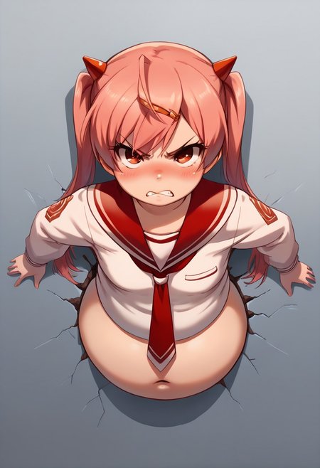 score_9, score_8_up, score_7_up, 1girl, solo, small breasts ,1girl, source_anime, ariakanzaki, pink hair, serafuku, sailor collar, red necktie, loocking at viewer, alone, fat, plump, saggy belly, fat belly, angry, blush, crack in the wall, stuck in a crack in the wall, through the wall, from front, rests his hands on the wall