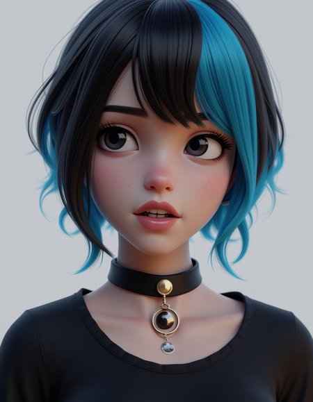 3d render of a girl, alone, multicolored hair, blue hair, black hair, necklace, freckles, jewelry, two-tone hair, looking to the side, realistic, upper body, simple background, bangs, looking away, short hair , parted lips, black eyes, lips, gothic, choker, makeup, mole, black shirt, shirt,