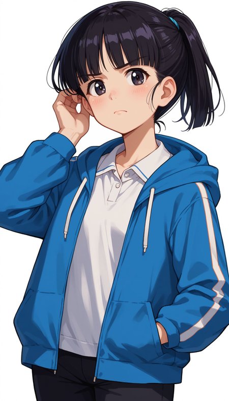score_9, score_8_up, score_7_up, source_anime, ,
 <lora:sono_midoriko :1> 1girl, black hair, white background, light frown, medium dress, closed mouth, hood down, simple background, casual, standing, looking at viewer, open jacket, blunt bangs, dated, blush, long sleeves, short ponytail, open clothes, white shirt, hand in own hair, short hair, hoodie, hand in pocket, black pants, hair tie, wing collar, hair up, drawstring, black eyes, pantyhose, collared dress, alternate hairstyle, adjusting hair, dress shirt, hooded jacket, cowboy shot, blue jacket