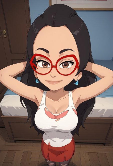 ((room background)),score_9, score_8_up, score_7_up,score_6_up, (detailed face and eyes:1) 
1girl, solo, AliWong_BM, beige skin, brown eyes, black eyebrows, voluminous straight hair, black hair, long hair, large red glasses, sky blue earrings, white tank top, under light red top, red skirt, ripped dark grey tights, black socks, red high top sneakers, big eyes, cute, medium height, social smile, perfect eyes, perfect smile, looking at the viewer, detailed eyes, perfect eyes, standing, big breasts (front pose, front view, full body shot, high angle view:1) five fingers, perfect hands, (hands behind head)