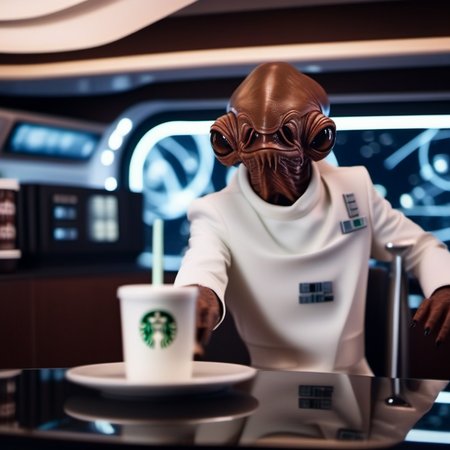 cinematic photo a  brown skin alien with a strange looking face, star wars, white suit, 
serves Starbucks coffees, spaceship <lora:AmiralAckbar1024:0.9> . 35mm photograph, film, bokeh, professional, 4k, highly detailed