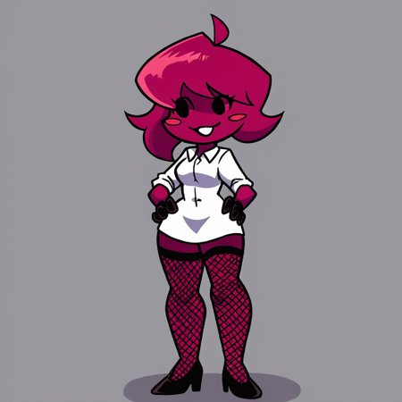 Source_9, source_8, source_7, safe pos, 1girl, solo, pinkish red skin, pinkish red hair, colored skin, medium hair, ahoge, blush stickers, blush, cartoon style, round head, black eyes, open mouth, white mouth, colored mouth, sassy, sassy expression, white shirt, big shirt, loose shirt thick thighs, wide waist, small breasts, black gloves, fishnet thighhighs, thigh highs, black high heels, high-contrast colors, thick line art, flat shading, full body, happy, smile, smiling, standing, hands on hips, grey background