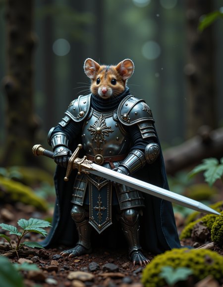 A mouse is a knight, wearing detailed ornate shiny silver armor and weilding a large sword. Detailed artistic photography. Renaissance style pose and clothing/armor. The background is a dense, dark coniferous forest. Atmospheric nature photography.