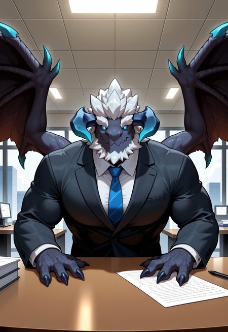 masterpiece,best quality,amazing quality, BREAK, solo, male, dragon, furry, muscle, muscular male, (bara:1.2), 
Suit,tie, 
, elder_dragon, low horns, upper body, wings, claws, 
upper body, 
wings out of frame, reaching head,office, table , (glowing eyes:0.6), wavy_mouth, (detailed eyes), detailed background 