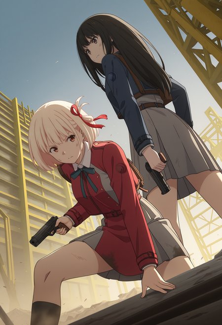 <lora:Chisato&Takina_Illustrious-000056:1>,
Chisato NISHIKIGI,blonde hair,
Takina INOUE,black hair,
closed mouth,cowboy shot,2girls,construction site,dirty face,dirty clothes,fighting_stance,v-shaped eyebrows,handgun,holding handgun,from_below,cinematic_angle,from behind,standing,squatting