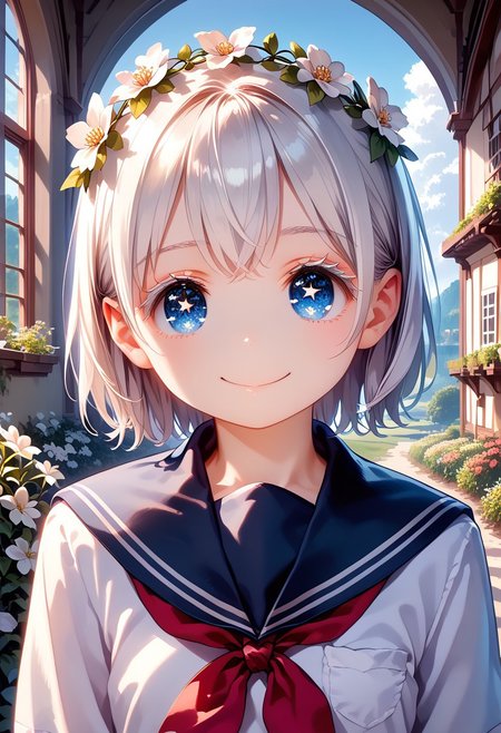 score_9, score_8_up, score_7_up, 1girl, okada style, masterpiece, best quality, ultra high res, smiling, happy, (detailed eyes:1.2), 8K, Best Quality, Masterpiece, Ultra High Resolution, (Realism: 1.4), Original Photo, (Realistic Skin Texture: 1.3), (Film Grain: 1.3), Sapphire Color Eyes and Beautiful Face Details, Highest Quality Picture Quality, white hair, blue eyes, (white eyeshadow), (white eyelashes) ,set in a fantasy world with sparkling stars, fantasy flower crown on her head, school uniform,messy, indoors, clutter, very aesthetic, scenery, outside, house, garden