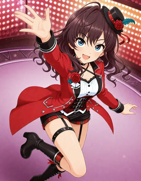 masterpiece,best quality,absurdres,official art,official style,source_anime,anime screencap,anime coloring,
<lora:Hyper-SDXL-8steps-lora:1>,
<lora:Shiki_IL:0.8>,shikichang,1girl,solo,long hair,brown hair,wavy hair,ahoge,bangs,blue eyes,medium breasts,
 <lora:crimsonrockers_IL:0.8>,crimsonrockers,red coat, long sleeves, black shorts, short shorts, flower, black mini hat,hat feather,hat flower, red rose, green feather, black choker, belt, thigh strap,  garter straps, corset, black knee boots, high heel boots, 
smile, blush, open mouth, from above, stage, jumping,