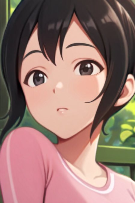 1girl, white background, upper body, (medium_shot:1.2), semi-realistic,  <lora:Kak_Ros_UpinIpin:1> kak_ros, black hair, black eyes, ponytail, pink shirt, looking at viewer, medium breasts, (angry:0.3)