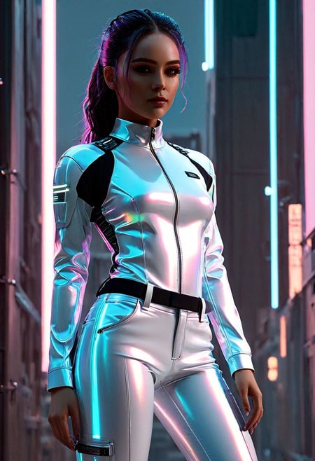score_9, score_8_up, score_7_up, raw,32K, UHDR, (ultra-quality:1.6),1girl, in Cyberpunk style, revealing and exposing clothes, cinematic, wearing lit fiber optics, oxigen-support-gadgets, strong parallel lines and nodes, extremely detailed cute face,
Tech-infused, advanced materials bound technology and design. stimuli reactive to color-changing , psicho texture-shifting. ,integrate neon lights for visual flair.  sleek, angular shapes with sharp lines, including bodysuits and structured jackets. High-tech accessories are integral futuristic AR glasses, neural interfaces and cybernetic jewelry.  cargo pants, utility belts, and harnesses for gadgets. Bold colors dominate, with vibrant neons and electric obsidian:0.9 or pink:0.6 contrasting against deep agate:0.9 or pure-snow-white:0.9. Dystopian influences inspire distressed fabrics, industrial hardware, and asymmetrical designs, reflecting the chaotic cyberpunk ethos. glowing boots