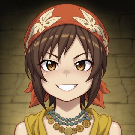 mana_sk style, portrait, focus on face, a daring treasure hunter girl with messy dark brown hair and sharp hazel eyes, wearing a tattered bandana and a necklace made of ancient coins, her mischievous grin revealing her fearless nature, faint glimpses of hidden caves in the background, Japanese RPG style, adventurous and bold atmosphere, intricate details on her bandana and necklace