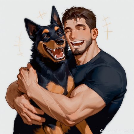 <lora:AustralianKelpieILL:1> man and a dog, animal, no humans, animal focus, smile, happy face, laugh, closed eyes, open mouth,  hug, clinch, 
(very short hair, beard, bara, mature, facial hair, stubble, beard, full beard, sideburn, beard, a lot of beard, ), facial hair,male focus, muscular male, muscular male, bara, mature,  bara, mature, aixiwuganda_(20222192), very awa, masterpiece, best quality, absurdres, newest, perfect quality, detailed background, intricate details,
<lora:slider_Body Type_alpha1.0_rank4_noxattn_last:3><lora:style_Anime Summer Days 2 Style SDXL_LoRA_Pony Diffusion V6 XL:.6><lora:slider_cfg_scale_boost:.7><lora:Artist6p:.55>, Artist6p, Artist04p,<lora:slider_il_brightness_slider_d1:-1><lora:slider_il_contrast_slider_d1:-1><lora:slider_DarkSlider1.2_alpha1.0_rank16_full_300steps:-.6>