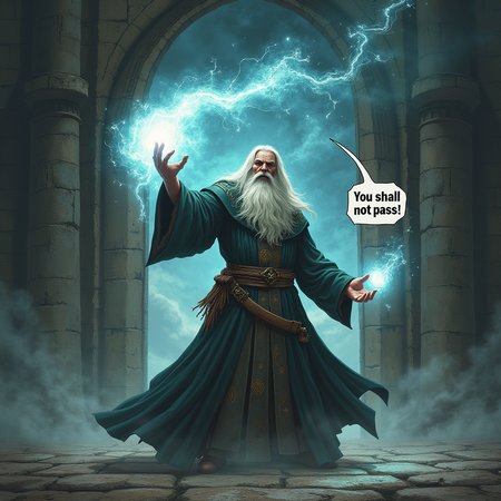 An old man wizard is casting a powerful magic shield at the doors of a grand castle. The wizard has long white hair and a flowing beard, giving him an ancient and wise appearance. His robes are adorned with mystical symbols and glow faintly with magical energy. He is very angry, his face contorted in a fierce expression of determination and defiance. A speech bubble next to him says, "You shall not pass!" The scene is epic and cinematic, with the wizard's magic shield creating a shimmering barrier of light that pulses with energy. The castle doors behind him are massive and ornate, hinting at the grandeur and importance of the fortress he is protecting. The atmosphere is intense, with dark clouds gathering in the sky and the ground beneath him showing signs of magical impact. The entire image captures a moment of high drama and fantasy, with the wizard's commanding presence and the powerful magic shield highlighting the epic nature of the scene