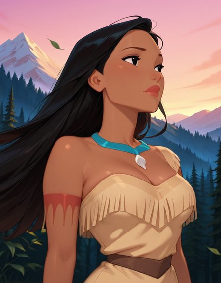 masterpiece, best quality, amazing quality, very aesthetic, absurdres,  newest, detailed background, cowboy shot, 4k, 8k, front view, outdoors, forest, mountain background, wind, leafs,
pocahontasxd, 1girl, solo, jewelry, dark-skinned female, dark skin,  long hair, black hair, necklace, breasts, black eyes, cleavage, bare shoulders, lips, fringe trim, medium breasts, upper body, 
 <lora:Pocahontas_-_Disney_Illustrious:1>