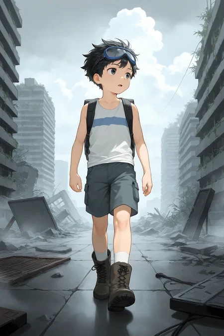 1boy,short hair,black hair,black eyes,wind goggles on head,backpack,tank top,shorts,white socks,boots,survivor,expressionless,open mouth,looking to the side,walking,fog,cinematic_angle,portrait,post-apocalypse,rooftop,ruins,overgrown,indoors,cloudy sky,aged down,male focus,illustration,IllusP0s,<lora:aidmaFLuxPro1.1_v0.3_IL:0.25>,<lora:noobaiXLNAIXL_epsilonPred11Version-lora:0.12>,<lora:best_of_ai_styles_noob-vpred-1.0_v1.337-edm2-pass-long:0.2>,<lora:cocofff:0.6>,
