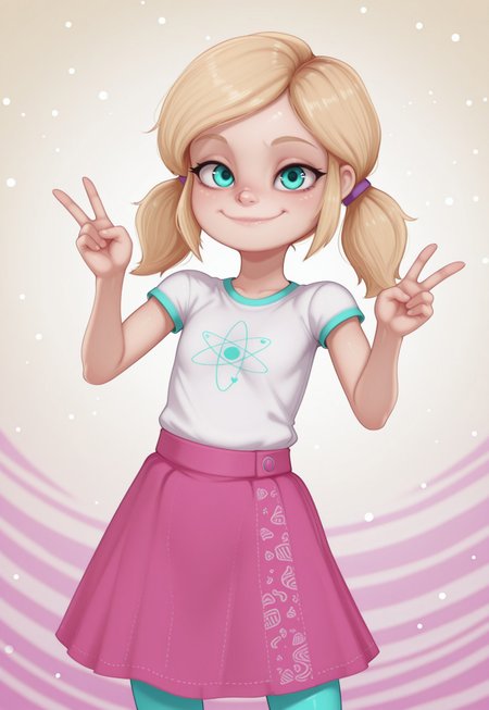 fc7ilf, chelsea_illus_casual, twintails, aqua eyes, blonde hair, white shirt, short sleeves, pink skirt, leggings, 1girl, solo, abstract background, looking at viewer, upper body, smile, v, dynamic pose,