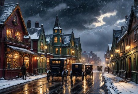 (((4k uhd))), (((high dynamic range:1.8))), ultra detailed, real photographic  nikon z7,  rich color,  christmas Winter storm in a small irish  1900's town, dark fantasy, masterpiece, highly detailed environment, (((highly detailed objects:1.4))), disco elysium OverallDetail