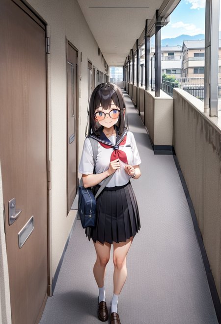 masterpiece, best quality, very aesthetic, absurdres,
1girl, glasses, black hair, long hair, school uniform, school bag, smile, blush, solo focus, standing, looking at another, 
rouka, hallway, scenery, window, building, day, sky, door, outdoors, blue sky, cityscape, city, real world location, 
 <lora:JProuka_apartment_hallway_SDXL_V1:1>