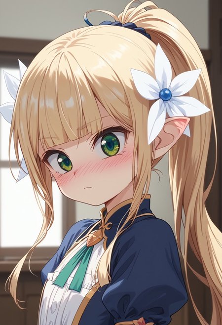 score_9, score_8_up, score_7_up, ((( )))
,
((( 1girl, solo )))
,
((( Thin, petite, )))
,
((( Best view, upper body)))
,
(( Elfina18, blonde hair, long hair, hair ornament, green eyes, pointy ears, ponytail, blush, dress))
,
(( Bedroom  ))
,
(((  )))
,
(((   )))