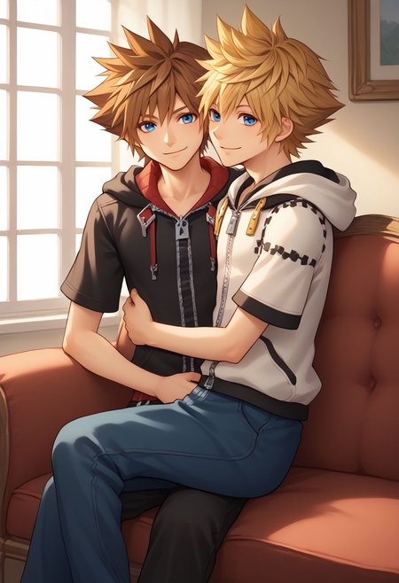 score_9, score_8_up, source_anime, highly detailed, 2boys,
sora, spiked hair, male focus, 1boy, brown hair, blue eyes, zipper, hoodie, BREAK
roxas, 1boy, zipper, male focus, spiked hair, blue eyes, blonde hair, pants, short sleeves, zipper pull tab, 
indoor, sofa, medieval, on lap, hug, smile,