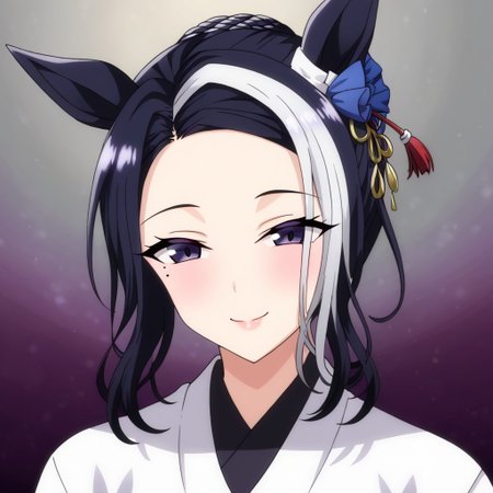 detailed background,  shiny skin, posing, rating safe,
rmnsd, horse girl, multicolored hair, streaked hair, ear ornament, mole under eye saimin.il,
saimin, tsubaki,  
clothed girl, kimono, 18 years old ,women,solo,1girl