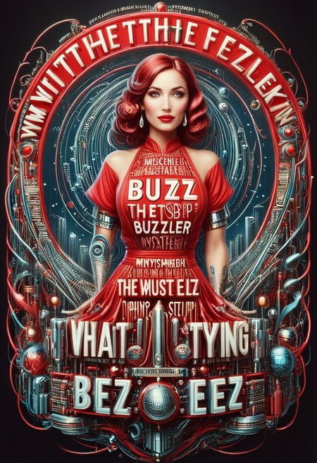 4k, colorful, extrapolate necessary data to achieve this whimsical, magical, dreamy, cute, joyful, dynamic creation, of a WOMAN IN RED holding a sign with text clearly readable "WHAT THE BUZZ?" from the best seller mystifying , from any vantage point in an art deco neon punk fusion, well stocked master-chef kitchen, with super high tech equipment