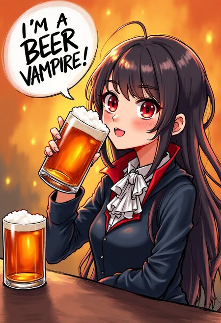impressionistic art, rough style, cute anime girl drinks beer, kawaii, vampire costume, joyful, speech bubble with text "I'm a BEER VAMPIRE!", night club