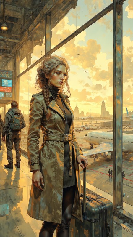 High-resolution semi-realistic illustration, textured painterly composition, warm and cool light contrast. A young woman stands near a panoramic window inside a bustling airport terminal, watching into the golden hues of the late afternoon sky. Her long, ash-blonde hair is styled into a sleek braided ponytail, a few loose strands framing her sharp, observant eyes. She wears a chic, fitted trench coat over a ribbed turtleneck dress, her hand resting casually on the handle of a small carry-on suitcase. Sunlight filters through the massive glass panels, casting elongated shadows on the polished floor, while silhouettes of travelers rush past, their reflections blending into the golden glow. Distant flight information screens flicker, their neon blues and reds contrasting with the soft, painterly warmth of the sunset. The scene captures the quiet anticipation of departure, filled with motion, light, and an air of adventure. <lora:Techno_Digitalis:0.6> <lora:Vibrantly_Dark_style_v.1:0.6> <lora:Dorota_Pietrowiak:1.0>
