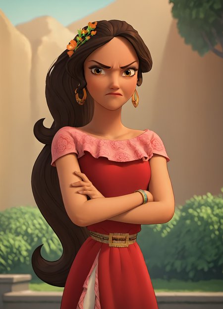 <lora:ElenaPony1.0:0.9>1girl, brown hair, solo, long hair, hoop earrings, hair flower, brown eyes,  lips, smile, makeup, bracelet, ponytail, score_9, score_8_up, score_7_up, score_6_up, score_5_up, score_4_up, looking at viewer, cowboy shot,red dress, outdoors, crossed arms, frown, annoyed,
