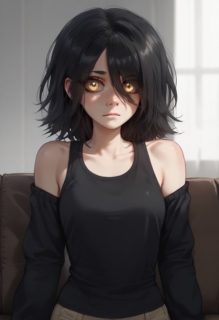 score_9, score_8_up, score_7_up, solo, 1girl, Julia, medium black hair, bang covering her left eye, yellow eyes, sleeveless shirt, arm-warmers, bare shoulders