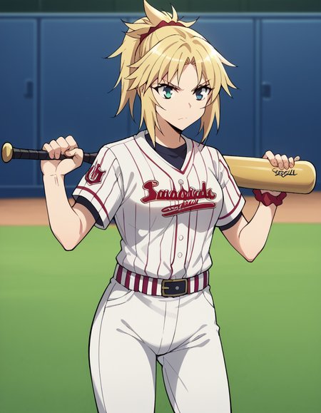 score_9, score_8_up, score_7_up, source_anime, <lora:mordred-apocrypha-s1-ponyxl-lora-nochekaiser:1>, mordred, green eyes, blonde hair, ponytail, short hair, scrunchie, red scrunchie, hair scrunchie, medium breasts,, <lora:baseball-uniform-ponyxl-lora-nochekaiser:1> baseball uniform, baseball, striped belt, shirt under shirt, sportswear, ribbed shirt, baseball helmet, baseball bat, baseball jersey, baseball field, holding baseball bat,, , cowboy shot,