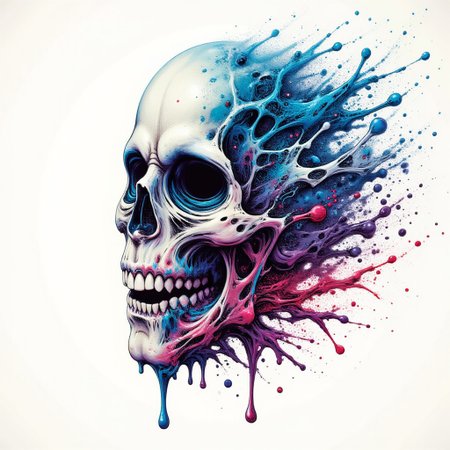 (Shirt Design), 4k quality, detailed design, flat, (hand drawn), masterpiece, beautifully drawn, White background, Abstract PopArt, ral-dissolve,  a digital illustration style with neon colors
A logo of a pop art skull dissolving. Detail the contors of the skull. 
Small drops of blue red and white paint are on the background. Bright highlights. Realistic
painted. Blue red and white paint