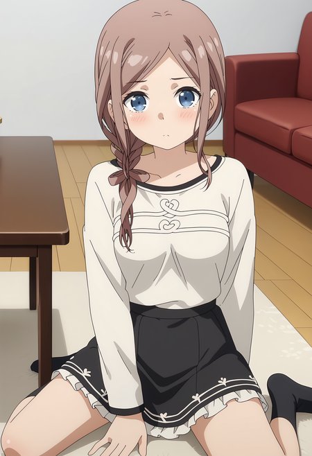 anime screencap,
<lora:OneRoom_OrisakiSayaXL:0.9>,
1girl, solo, closed mouth, blush,
long hair, light brown hair, parted bangs, hair over shoulder, single braid, blue eyes,
SayaCasual, collarbone, print shirt, white shirt, long sleeves, frilled skirt, black skirt,
black socks,
cowboy shot, sitting, kneeling, looking at viewer,
carpet, table, couch, indoors, blurry background