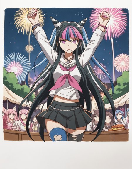 score_9, score_8_up, score_7_up, source_anime, <lora:ibuki-mioda-s2-ponyxl-lora-nochekaiser:1>, ibuki mioda, black hair, blue hair, hair horns, ear piercing, lip piercing, long hair, multicolored hair, pink eyes, pink hair, white hair,, asymmetrical legwear, black skirt, blue thighhighs, jewelry, mismatched legwear, neckerchief, necklace, piercing, pleated skirt, ring, school uniform, serafuku, shirt, skirt, thighhighs, torn clothes, torn thighhighs, zettai ryouiki,, festival, fireworks, summer night, food stall, traditional, arms up,, , looking at viewer, hand holding a pencil, solo,, cowboy shot, dutch angle