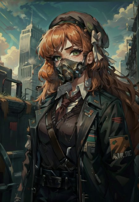 beautiful, (masterpiece:1.2), (best quality:1.2), perfect eyes, perfect face, perfect lighting, 1girl, solo, (detailed background),
postapoAI,
ishmael_limbus, orange hair, green eyes, long hair, freckle,
vest, armor, gas mask, beret,
outdoors, city, sky, daytime, skyscraper,
look at viewer, wide shot,
<lora:postapocalypseAI:0.65>,
<lora:ishmaelLimbusCompany_v1:1>,