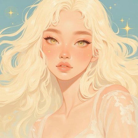 This is a digital illustration in a whimsical, fantasy art style. The subject is a young woman with an ethereal, otherworldly appearance. She has long, flowing, platinum blonde hair that cascades in soft, wavy curls around her face and shoulders, blending seamlessly into the background. Her skin has a soft, creamy complexion, and her facial features are delicate and refined, with high cheekbones, a small nose, and full, pouty lips.