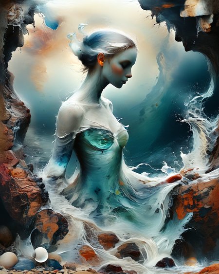 beautiful female water elemental with  emerging from a wave breaking on a rocky coastline, liquid full body, white froth, colorful organic bioluminescent patterns, reflections, sheen, ocean, hyperrealistic, ultra resolution, professional photo,  <lora:Jean-Baptiste Monge Style:1> Jean-Baptiste Monge Style page, <lora:add-detail-xl:1.0> <lora:xl_more_art-full_v1:0.5>