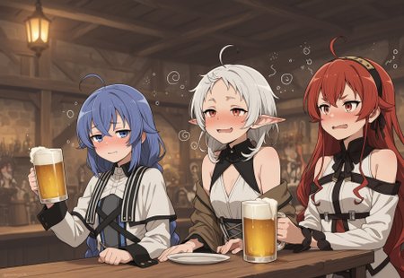 masterpiece, high quality, aged up, 3girls,, small breasts, roxy migurdia,  eris greyrat, sylphiette \(mushoku tensei\), fantasy, tavern,drinking glass,beer,drunk,blush,wavy mouth,   