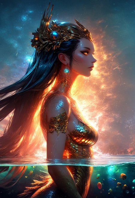 (score_9, score_8_up), score_7_up, zPDXL, solo, zPDXL3, <lora:MythAnim3Style:0.8>, MythAn1m3, character, source_anime, 1girl, mermaid, Iridescent eyes, aquatic scene, dreamlike atmosphere, mystical, ethereal light, detailed textures, whimsical, rippling, dripping, water element, very long cascading hair, water, very beautiful, sexy, sexy body, beautiful body, scales, wet body, Iridescent scales, bubbles, water drops, Iridescent skin, multi colored eyes, partially underwater shot, bioluminescent skin, bioluminescent, glowing, bioluminescent scales, bioluminescent hair, bioluminescent scales, FastNegativeV2, laser light clothes, submerged breast, water line on lense, view from under water, waterline, great lighting, seashells details, metallic details, hair ornaments, gems, sunset, bioluminescent tattoos, coastal  landscape background, long hair braids,  wet transparent clothing, translucent clothing, bodysuit with flowing sleeves, dark hair