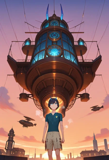 masterpiece, best quality, intricate details, , , 1boy, solo, male focus, <lora:hiro_franxx_ilxl:0.92>, hiro_franxx, black hair, blue eyes, bangs, blue horns, oni horns, steampunk city, brass towers, steam vents, airships, looking up, wide shot, awestruck expression, sunset, Linen shorts, Thermal Henley shirt, , ,