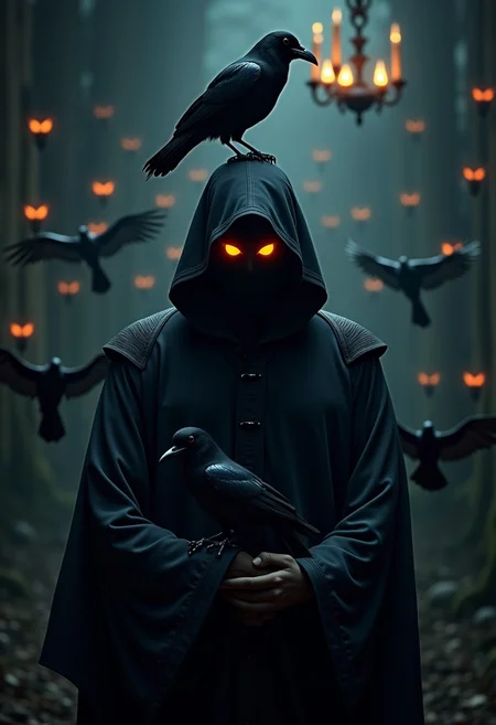 realistic quality photo, retro photo, person in black mantle surrounded by crows, crow on the shoulder, crow on top of the hood, old mansion background, in the dark corner behind many glowing eyes, creepy atmosphere,